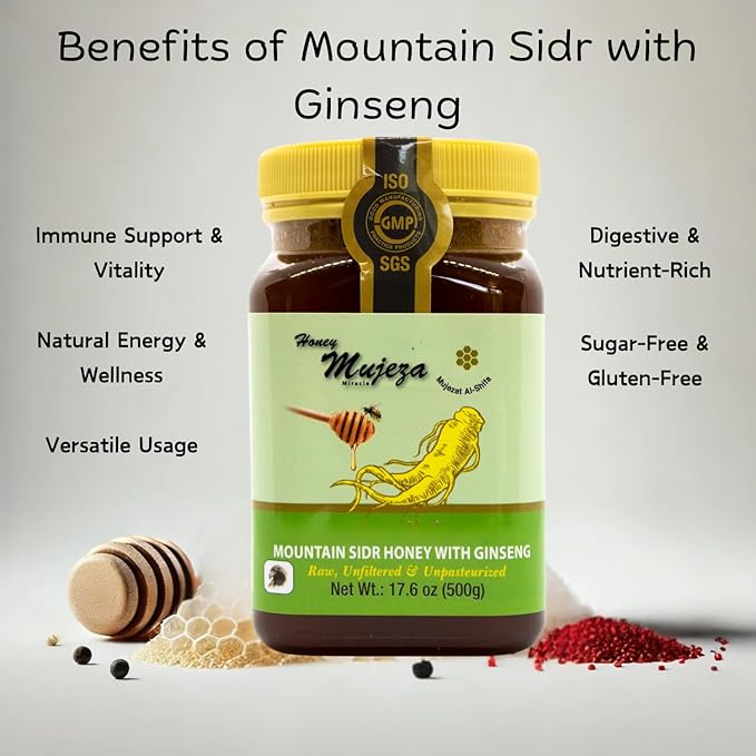 Raw Mountain Sidr Honey with Fresh Royal Jelly and Red Korean Ginseng | Immune Booster, Sugar & Gluten Free | 100% Natural Raw Liquid Honey for Men & Women (250g/8.8oz)