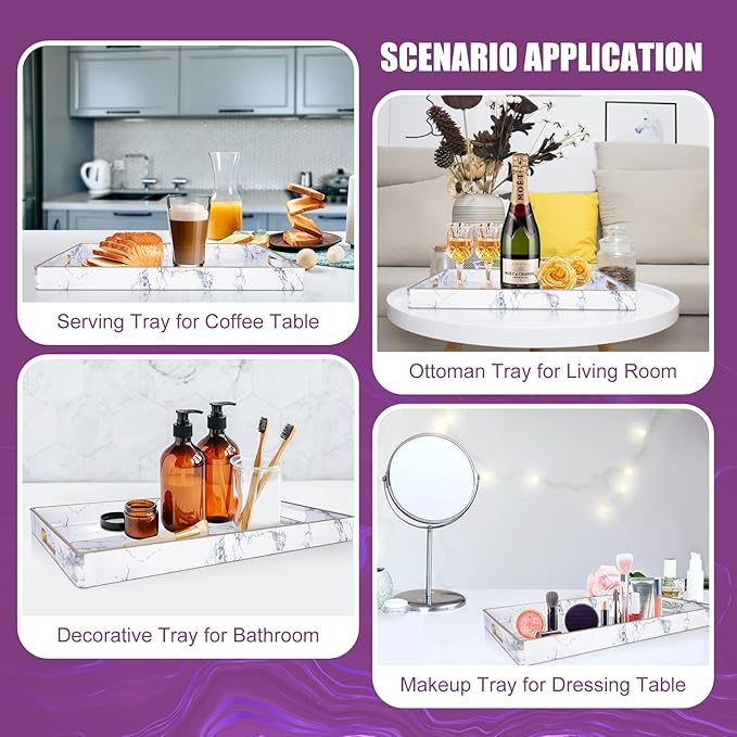 Gifturbo White Serving Tray, Marble Serving Trays with Handles,Rectangular Coffee Table Ottoman Tray Decorative Plastic Tray with Gold Rim for Living Room, Bathroom,Decor,15.7 x 10.2 x1.37 inches