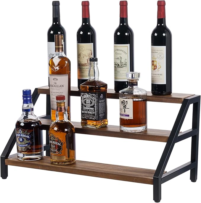 MyGift 3-Tier Wine Rack, Industrial Rustic Wood & Black Metal Countertop Organizer, Stair Step Shelf for Liquor Bottles, Glasses, Barware - Kitchen, Home Bar, Commercial Use