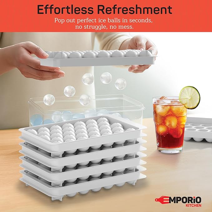 Round Ice Cube Tray Set Pack of 4, BPA-Free Stackable Trays with Lid & Tongs, 33 Ice Balls Per Tray for Whiskey, Drinks, and Cocktails, Quick Release Round Ice Cube Mold, White