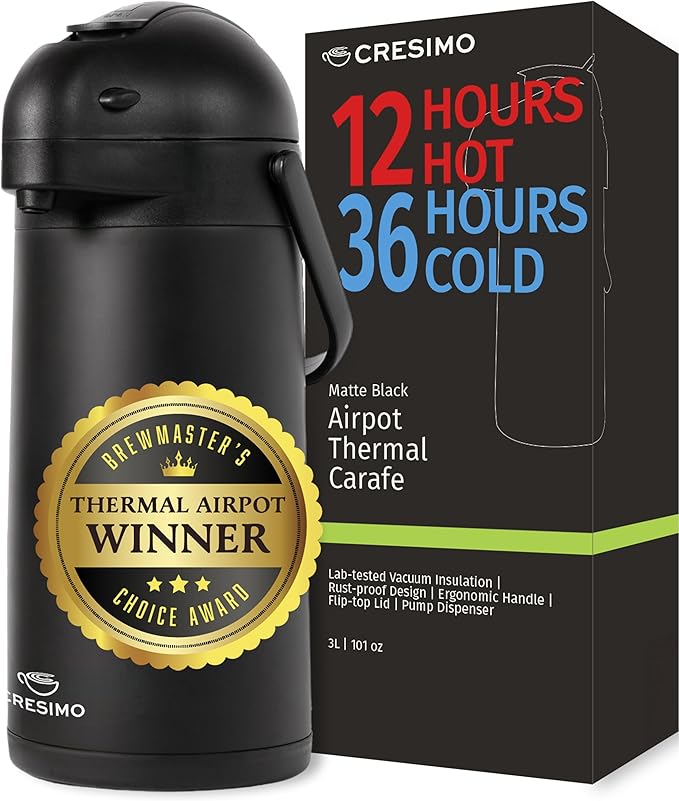 Airpot Coffee Dispenser With Pump, Black - 12 Hours Hot Water Dispenser with Pump, 36 Hours Cold - Coffee Thermal Carafe for Hot Drinks, Tea Flask for Beverages -Large Carafe w/ One-Handed Dispensing