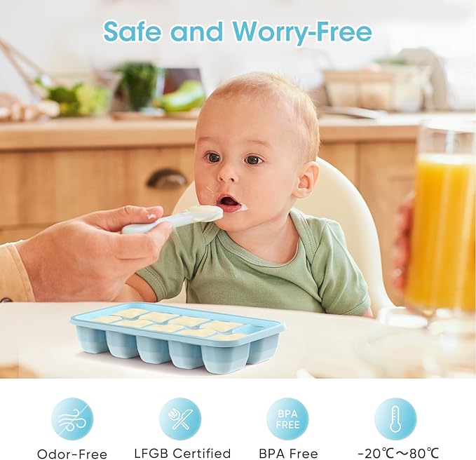 DOQAUS Ice Cube Tray with Lid and Bin - 4 Pack Silicone Ice Cube Trays for Freezer, Stackable Ice Bucket Kits with Storage Container & Scoop for Kitchen, RV, Cocktail, Coffee