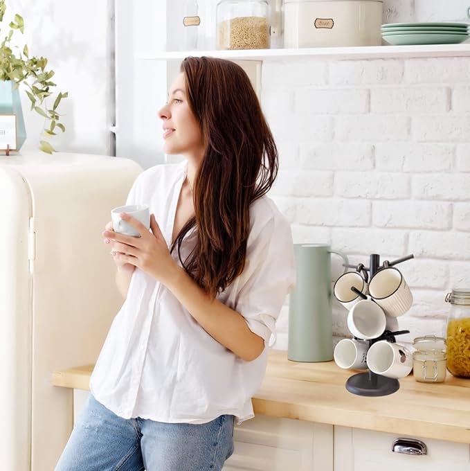 Black Coffee Mug Holder, Non-Slip Cup Tree With 6 Hooks for Counter, Rack (Black)