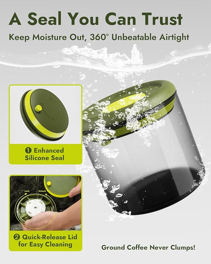 Airtight Coffee Canister – One-Way CO₂ Valve, UV Protection, 3X Thicker Glass, Coffee Bean Storage Container for Ground Coffee & Tea, 20.3 fl oz, for 0.5 lb Beans