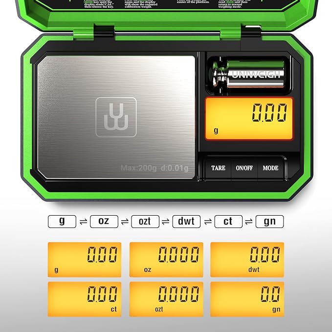 Digital Pocket Scale 200g/0.01g, Digital Scale Grams, Jewelry Scale,Coins Scale with 50g Cal Weights for Powder,Small Items,Tea,Jewelry,Coins (Battery Included)-Fluorescent Green