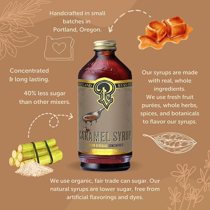Portland Syrups Caramel Syrup – Flavoring for Coffee, Lattes, Cold Brew, Macchiatos, Cocktails, & Desserts – Ideal for Drinks & Adding a Caramel Touch to Any Beverage – 12 oz, 24 servings (Pack of 1)