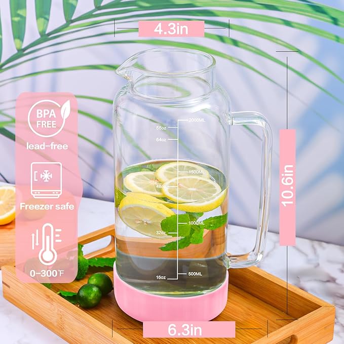 Aofmee 68oz Glass Pitcher with Lid, 2 Liter Water Carafe with Silicone Base and Precise Scale Line, Ice Tea Pitcher for Fridge, Anti-Slip Glass Jug for Sun Tea Juice Coffee Milk Beverage (Pink)