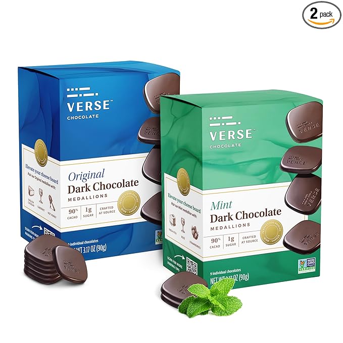 Verse Dark Chocolate Squares Variety Pack - Original and Mint w/ 1g Cane Sugar, High Cacao - Premium Dark Chocolates - Individually Wrapped Chocolate Squares (9 Count, 2 Pack)
