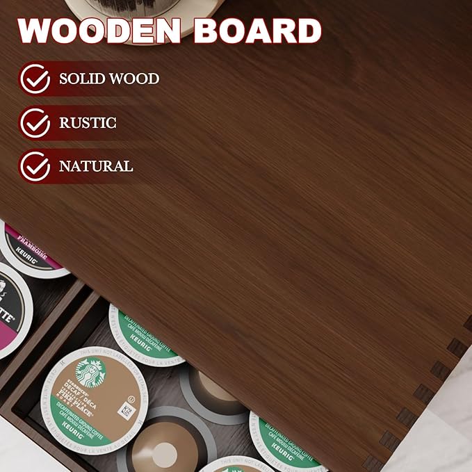 K Cup Holder, Wooden K Cup Organizer Box for Counter, Tea and Coffee Pod Storage Drawer Coffee Maker Stand, 30 Pod Capacity, Walnut Black