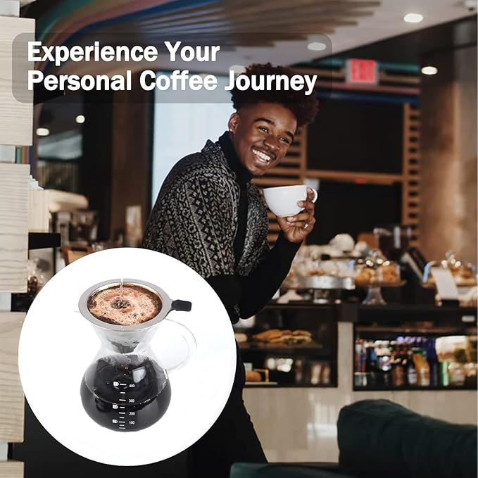 T-mark Pour Over Coffee Maker with Reusable Double-layer Stainless Steel Filter, 400ml/14oz BPA-Free Glass Coffee Carafe, Glass Coffee Maker, Coffee Dripper Brewer