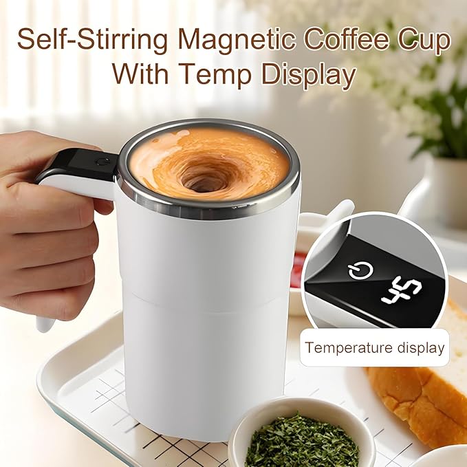 Electric Coffee Mug With a Built-In Lcd Thermometer, 380ML/13OZ Prevent Overflow Self-Stirring Magnetic Coffee Cup, Perfect for Brewing Coffee, Milk, Cocoa, Etc. (Black)