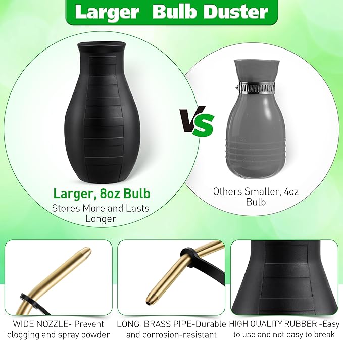 Qualirey Diatomaceous Earth Powder Duster, Garden Powder Applicator Dispenser with Long Metal Tube, Bulb Duster Sprayer Insect Duster for Home Powders for Organic Gardening Agricultural Supply