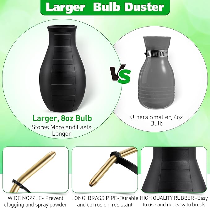 Qualirey Diatomaceous Earth Powder Duster, Garden Powder Applicator Dispenser with Long Metal Tube, Bulb Duster Sprayer Insect Duster for Home Powder for Organic Gardening Agricultural Supply (1 Pack)