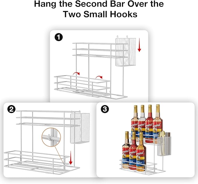 OVICAR Coffee Syrup Organizer Rack - 8 Bottle Holder Stand for Coffee Bar & Station Accessories, 2 Tiers Countertop Storage for Syrup & Wine Dressing, White