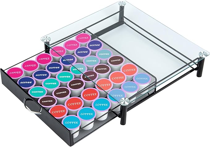 Restaurantware Restpresso 15.2 x 13.6 x 3.4 Inch Coffee Capsule Drawer, 1 Heavy-Duty Pod Drawer - Holds 36 K-Cups, Glass Top, Iron Espresso Pod Organizer, Mesh Tray, Pods Not Included