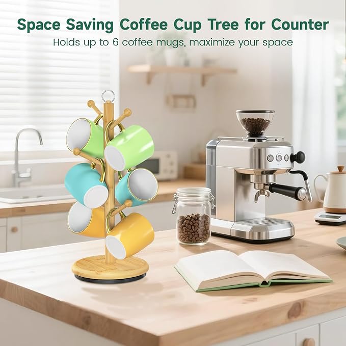 EsLuker.ly Mug Holder Tree Bamboo 360° Rotating Coffee Cup Display Rack with 6 Hooks for Home Kitchen Counter, Upgrade Wood Mug Stand Station Organizer, Building Your Dream Coffee Corner