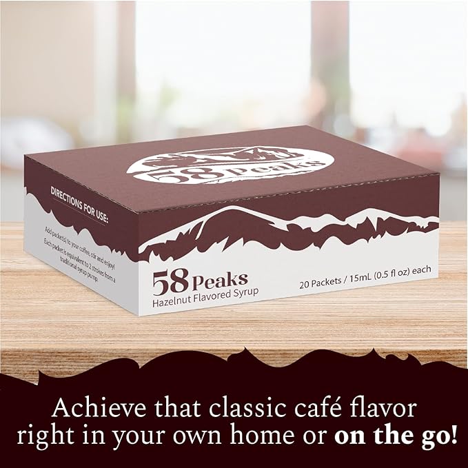 58Peaks Hazelnut Flavored Syrup Sweetener Packets for Hot and Cold Drinks | To-Go Syrup Flavoring Perfect for Coffee, Tea, Milkshake and More | Flavored Coffee Syrups for Travel | 15mL | 20-Pack