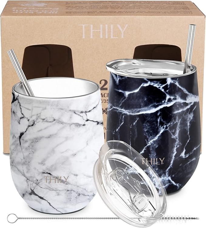 THILY Vacuum Insulated Stemless Wine Tumbler 12 oz Stainless Steel Wine Glass with Lid and Straw, Keep Drinks Cold or Hot, Christmas Birthday Gift, 2 Pack(White Marble + Black Marble)