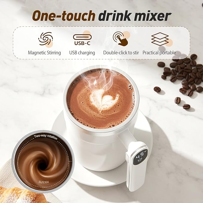 Automatic Stirring Coffee Mug,Magnetic Stirring Cup with Lid for Home Office Travel,Stainless Steel Rotating Self Mixing Mug for Coffee/Milk/Tea/Hot Chocolat (A-Green-Rechargeable)