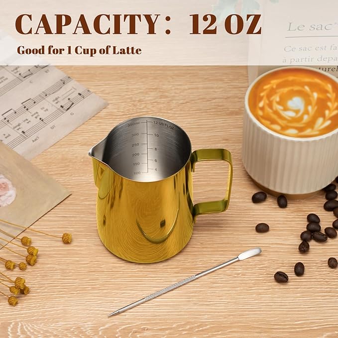 Milk Frothing Pitcher, 12 oz Milk Frother Cup with Clear Scale, 304 Stainless Steel Cappuccino Espresso Machine Accessories for Barista Coffee Bar with Latte Art Pen, Gold