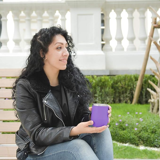 MEWAY 12oz/4 Pack Wine Tumbler Glasses with Lid - Stemless Double Wall Vacuum Stainless Steel Travel Tumbler - Keeping Cold & Hot for Wine,Coffee,Cocktails,Drinks-Family and Gifts (Purple,Set of 4)