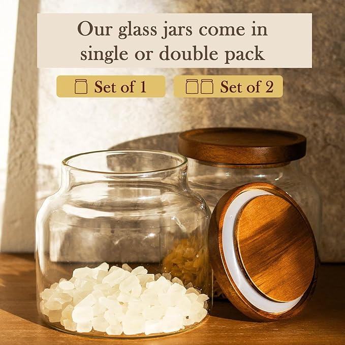 Labina Glass Storage Container Airtight Food Jars Kitchen Canister with Wood Lids, 47 Oz Wide Mouth Pantry Organization Glass Jar for Flour, Sugar, Cookie, Spagetti, Nuts and Candy (2 Pack)