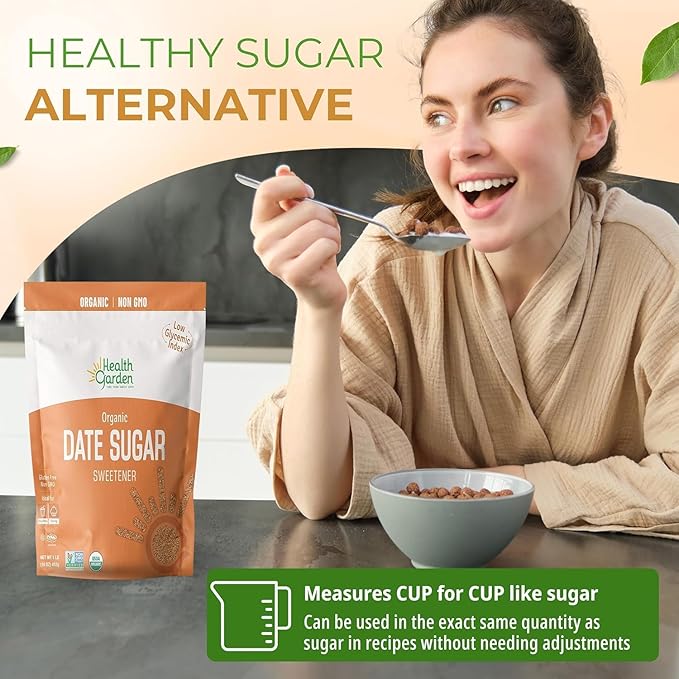 Health Garden Date Sugar, 16 Oz x 12, Organic Date Sugar Sweetener, All-Natural Dried Ground Dates, Rich in Vitamins and Minerals, No Gluten, Non-GMO, Low Glycemic Sugar Substitute (1 Lb. pack of 12)