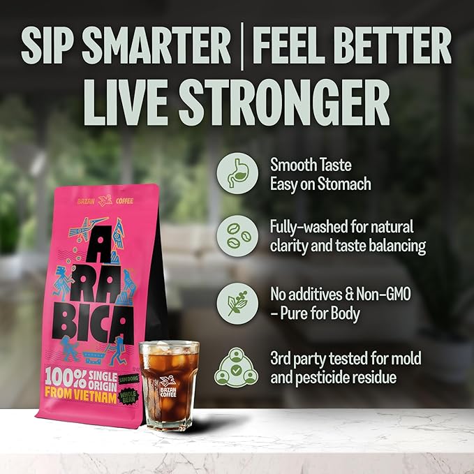 BAZAN COFFEE – Vietnamese Specialty Arabica Cau Dat, Medium Roast Whole Bean Coffee, Single Origin, Floral & Warm Spice Notes, Low Acidity, Perfect with Milk or Black, 12oz Bag