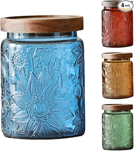 ANSQU Set of 4 Vintage Glass Storage Jars, 23.7oz Glass Coffee Canisters Decoraitve Mason Jars Sugar Containers with Airtight Wooden Lids for Kitchen Pantry, Cookie Jars (Sunflower)