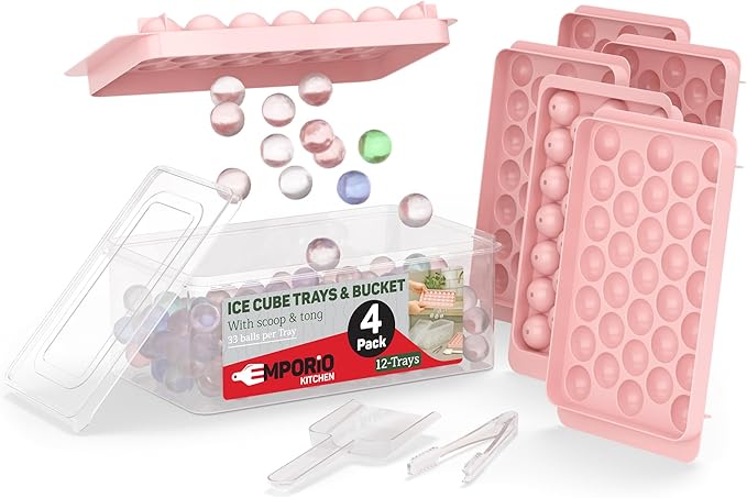 Round Ice Cube Tray Set Pack of 4, BPA-Free Stackable Trays with Lid & Tongs, 33 Ice Balls Per Tray for Whiskey, Drinks, and Cocktails, Quick Release Round Ice Cube Mold, Pink