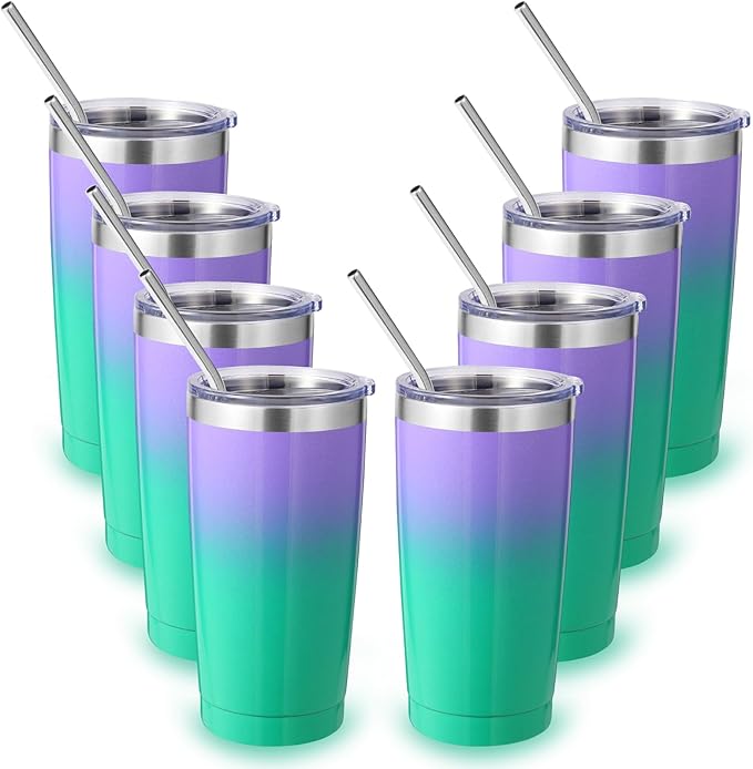 Volhoply 20oz Stainless Steel Tumbler with Lid and Straw Bulk 8 Pack,Double Wall Insulated Travel Iced Coffee Mug Fits Cup holder,Powder Coated Cups for Cold Drinks,Christmas Gifts（Purple Green,8 Set）