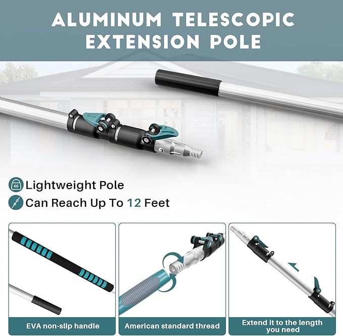 20 Foot High Reach Duster Kit with 5-12FT Extension Pole High Ceiling Dusting and Window Cleaning Kit with Telescopic Pole Window Washer&Squeegee,Cobweb Duster,Fan Duster and Feather Duster