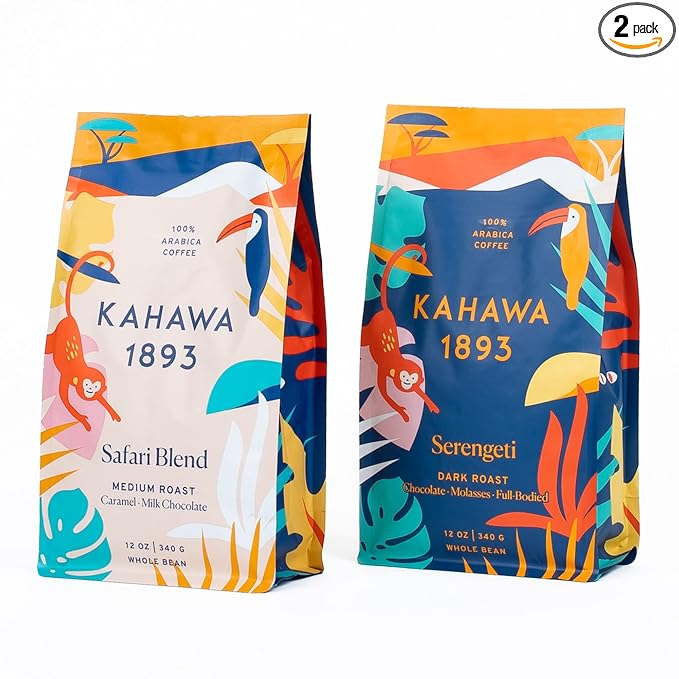 Kahawa 1893 Whole Bean Coffee Combo Pack Safari & Serengeti Blend (12 Oz x 2) - As Seen on Shark Tank, High Antioxidants, Naturally Sweet, Organically Grown, Ethically & Sustainably Sourced