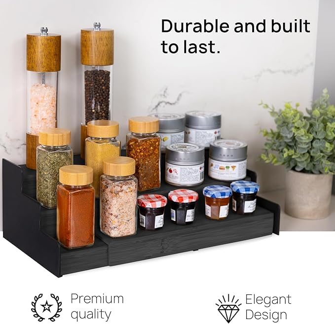Ibyx Premium 3-Tier Spice Rack Organizer for Cabinet - Expandable Bamboo Spice Storage - Non-Skid Countertop Step Spice Shelf - Great for Kitchen Cabinet, Countertop, Cupboard, Pantry (Black)