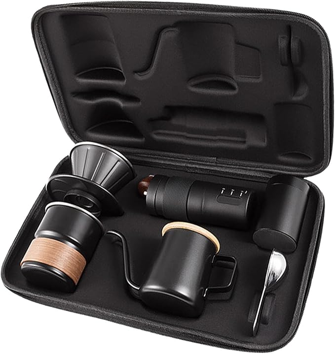 Portable Hand Coffee Maker Set for Camping Travel, Stainless Steel Manual Coffee Kit with Hand Grinder, 350ml Pour Over Kettle, Filter Cup, Cup and Scoop，Suitable for family travel and camping (black)