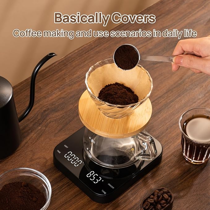 Meilen 0.1g Precision Coffee Espresso Scale - 3kg Digital Scale with Timer, USB Rechargeable, 3 Weight Units, 4 Independent Buttons Easy to Control, for Espresso, Pour Over, Drip, Kitchen