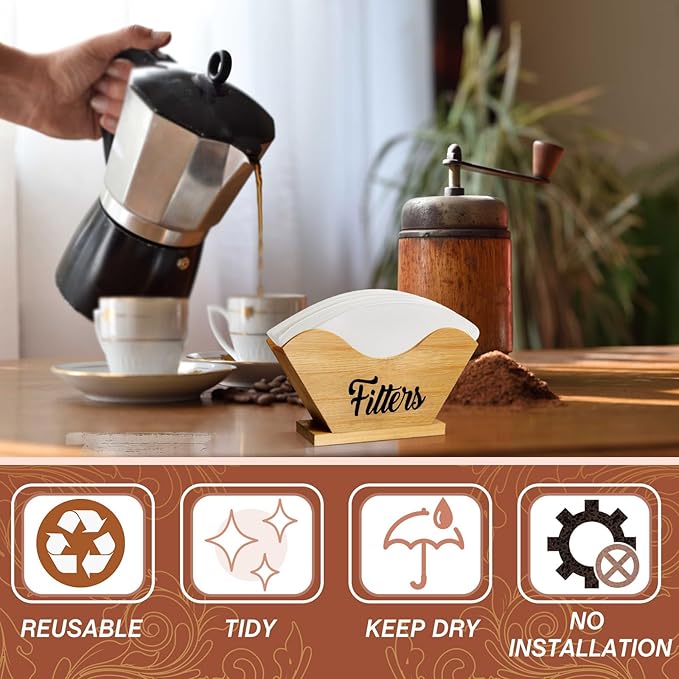 Juexica Farmhouse Cone Coffee Filter Holder Storage number 4 Rustic Wood Holder Organizer Counter Mount for Square Cone Shaped Flat Bottomed Paper(Bamboo Color)