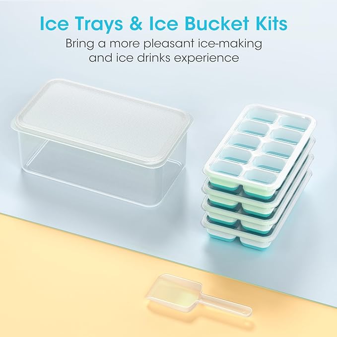 DOQAUS Ice Cube Tray with Lid and Bin - 4 Pack Silicone Ice Cube Trays for Freezer, Stackable Ice Bucket Kits with Storage Container & Scoop for Kitchen, RV, Cocktail, Coffee