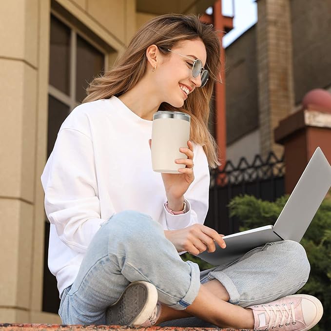 VEGOND Stainless Steel 12 oz Tumblers bulk Vacuum Insulated Double Wall Travel Tumbler with Lid and Straw Reusable Tumbler, Beige 6 pack