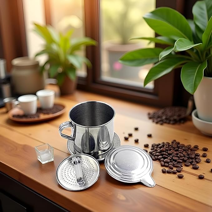 Silver Vietnamese Coffee Filter Stainless Steel Pot Drip Infuse Cup Brewing Teapot No Need Paper Drip Coffee Pot Machine Filter for Home Kitchen Office Outdoor ﻿