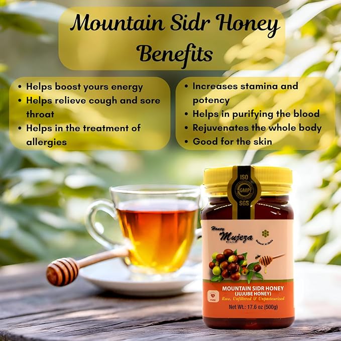 Authentic Mountain Sidr Honey - Jujube, Equal to Manuka Effectiveness Unheated Unfiltered Unprocessed 100% Natural Gluten Free Raw Liquid Honey (500g / 17.6oz)