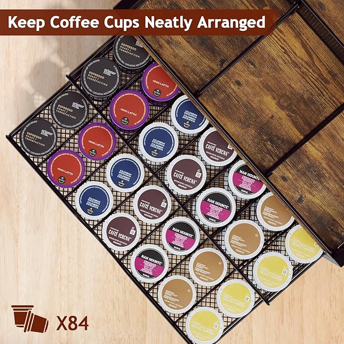 Coffee Bar Organizer - Coffee Station for Countertop, Metal and Wood K Cup holder Storage Basket for Coffee Pods, Syrup, Cups, Stirrer, Coffee Condiment, Tea Organizer, Black and Brown