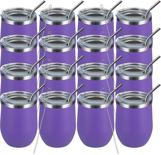 MEWAY 12oz Wine Tumbler 16 Pack Bulk Gifts for Women,Double Wall Vacuum Stainless Steel Travel Mug with Lid,Insulated Stemless Wine Cup Glass for Coffee,Cocktails,Drinks(Purple,Set of 16)