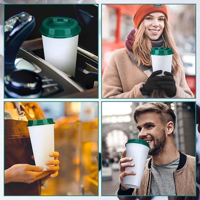 Domensi 15 Pack Reusable Coffee Cups with Lids 16 oz Disposable Travel Cups Bulk Plastic to Go Coffee Tumblers for DIY Hot Cold Drink Party Favors Coworker, Microwaveable (White with Green Lid)