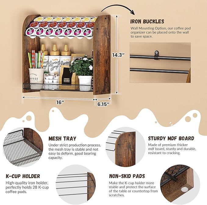K Cup Holder - 2-Tier K Cup Organizer, Metal Coffee Pod Holder for Counter, Easy Assembly (Rustic Brown)