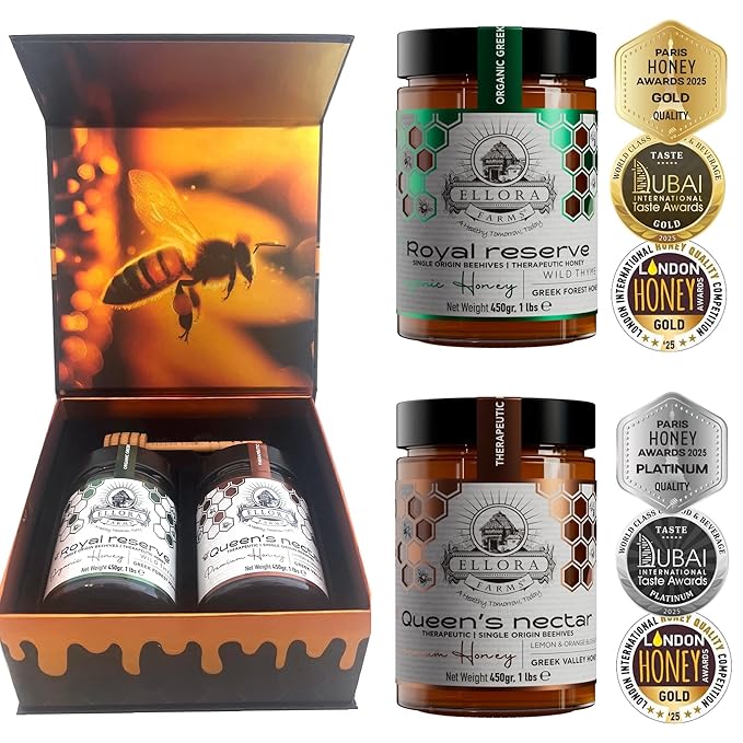 Ellora Farms Organic Honey, Thyme and Orange Blossom Raw Honey Organic Unfiltered, Single Origin Unfiltered Superfood, Includes Wooden Dipper, 1 lb Each, Twin Pack