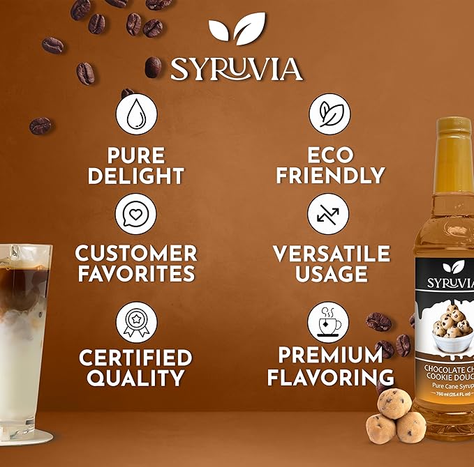 Syruvia Coffee Syrup, Chocolate Chip Cookie Dough Flavored Syrup for Drinks, Lattes, and Desserts – 25.4 fl oz