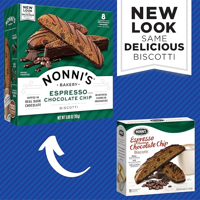 Nonni's Espresso Chocolate Chip Biscotti Cookies - 3 Boxes Espresso Coffee Cookies - Espresso Chocolate Chip Cookies w/Dark Chocolate - Italian Biscotti Individually Wrapped Cookies Kosher - 6.88 oz