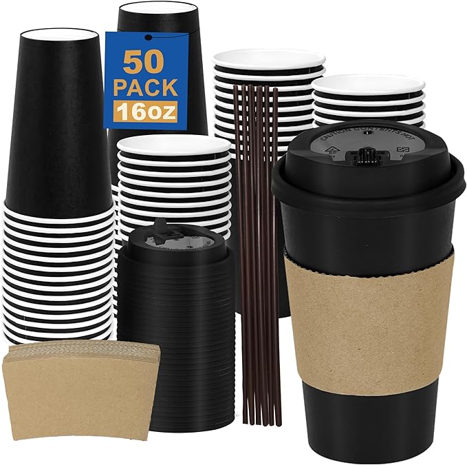 16 oz 50 Pack Coffee Cups with Lids and Sleeves, Straws, Hot Disposable To Go Travel Paper Cups Bulk for Office, Home Coffee Bar Accessories, Chocolate, Cocoa, Beverage (Black)