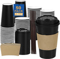16 oz 50 Pack Coffee Cups with Lids and Sleeves, Straws, Hot Disposable To Go Travel Paper Cups Bulk for Office, Home Coffee Bar Accessories, Chocolate, Cocoa, Beverage (Black)